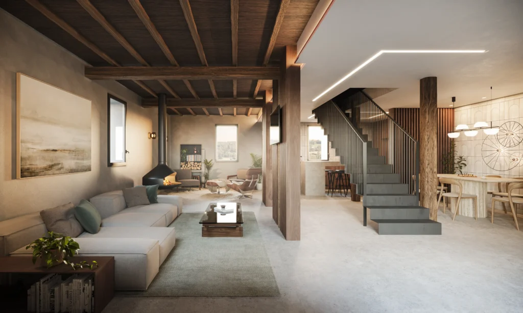 Interior view of a cozy, modern rustic house