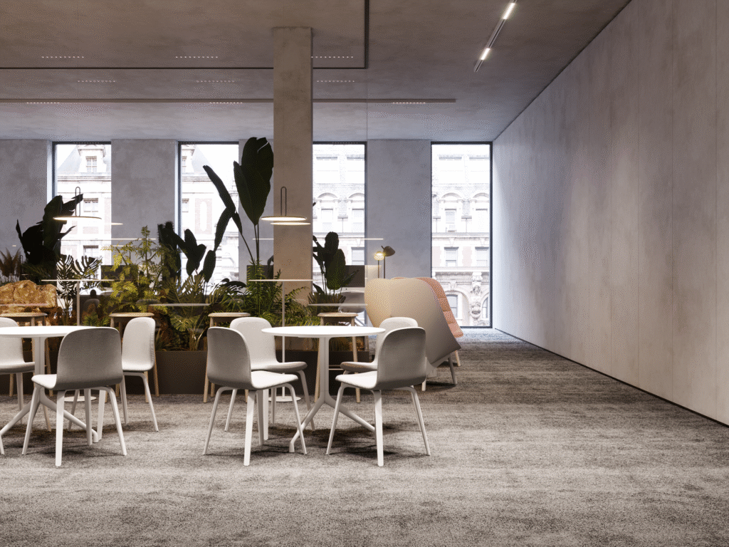Minimalist interior dining area with natural light and white furniture.