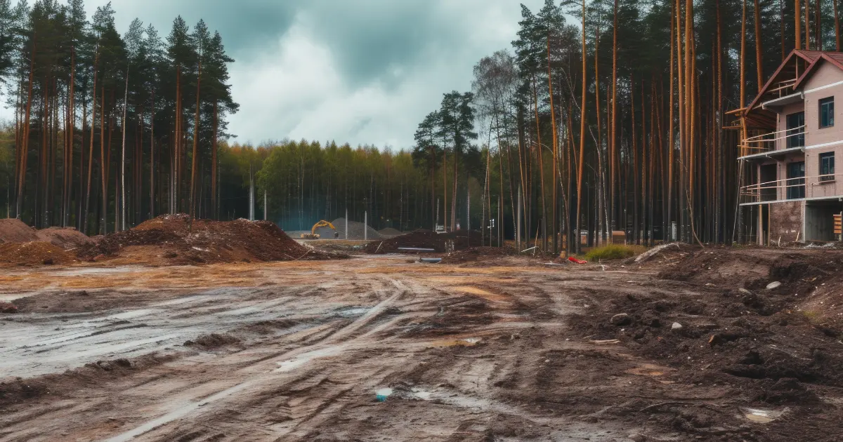 Terreno preparado para construir una vivienda unifamiliar con maquinaria de obra y casa en construcción en una parcela