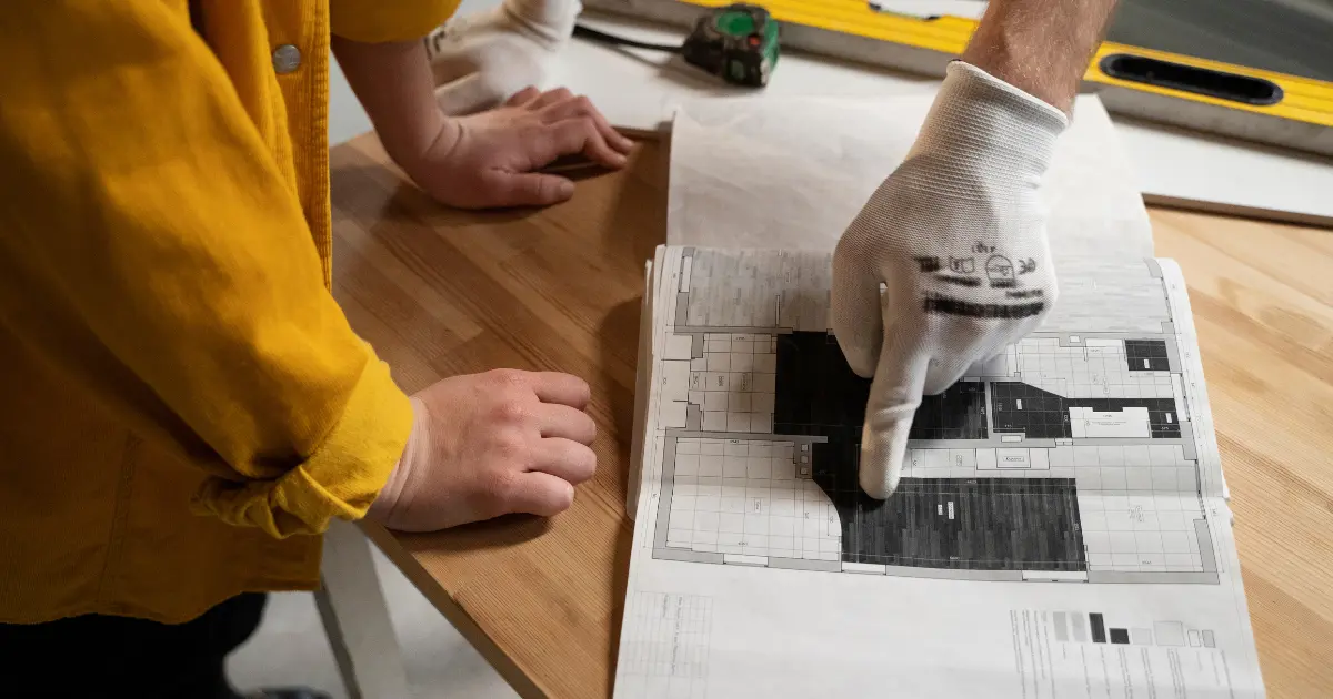 Hands pointing at architectural plans on a table during a construction review