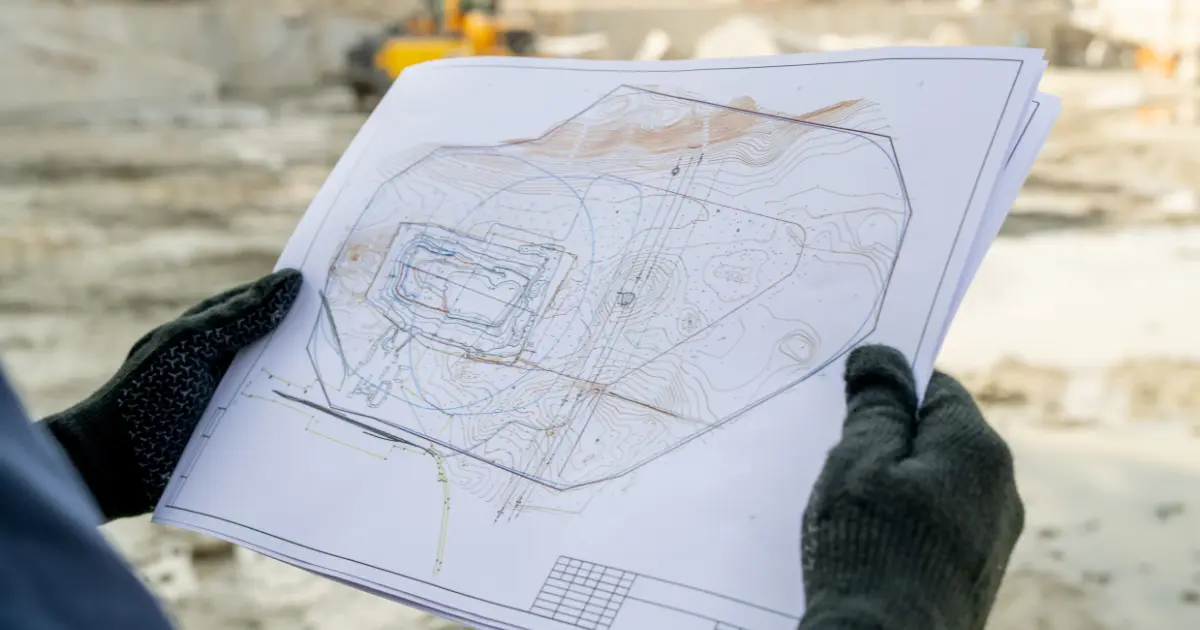 Plano topográfico de terreno revisado por técnico en obra durante el proceso de solicitud de permisos para construir una casa