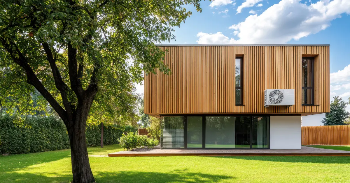 Casa pasiva moderna con fachada de madera, grandes ventanales y diseño eficiente rodeada de jardín