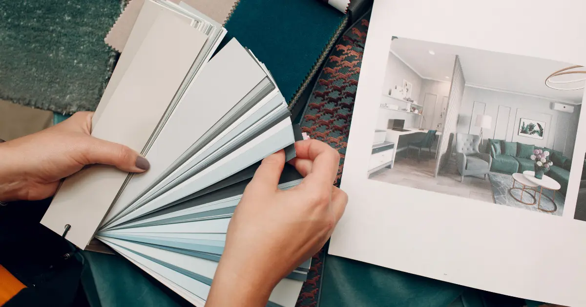 Color and material samples used by an interior designer to choose finishes for an interior design project