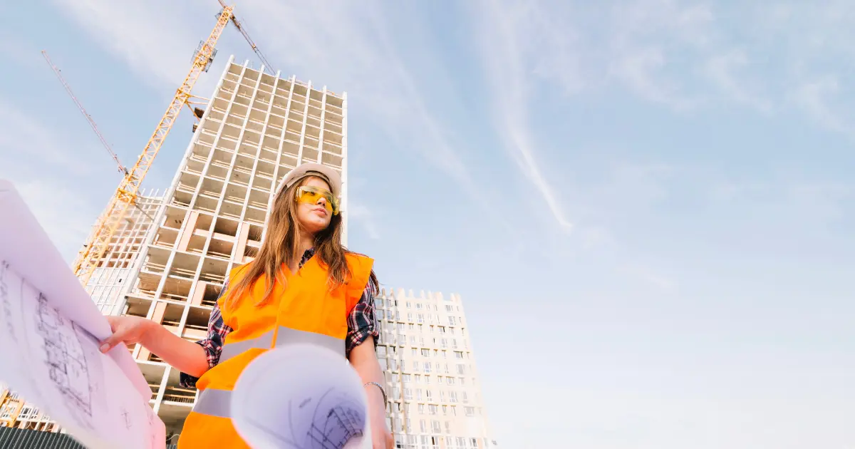 Architect with blueprints in front of a building under construction with a crane