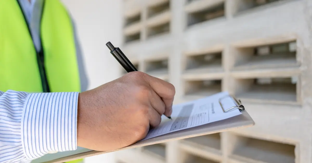 Inspector con chaleco de seguridad tomando notas en un portapapeles frente a una pared de bloques