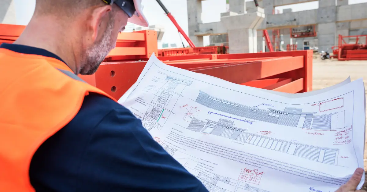 Trabajador con chaleco de seguridad revisando planos estructurales en una obra de construcción