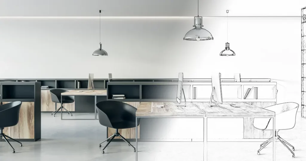 Oficina moderna representada entre diseño conceptual y espacio real con mobiliario contemporáneo