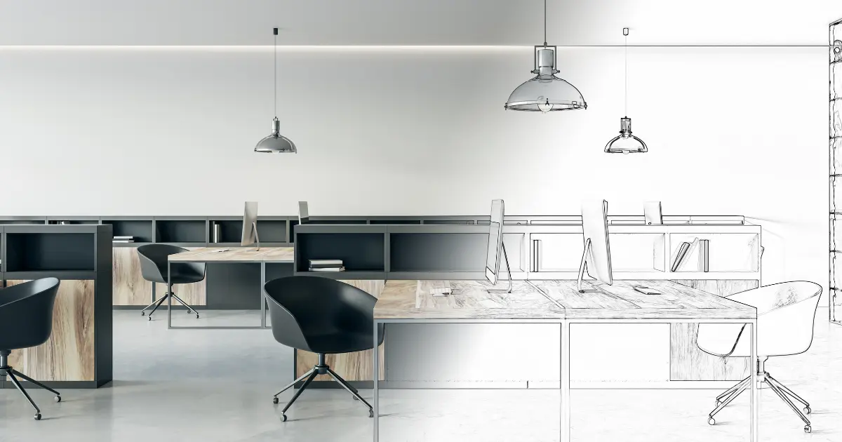 Oficina moderna representada entre diseño conceptual y espacio real con mobiliario contemporáneo