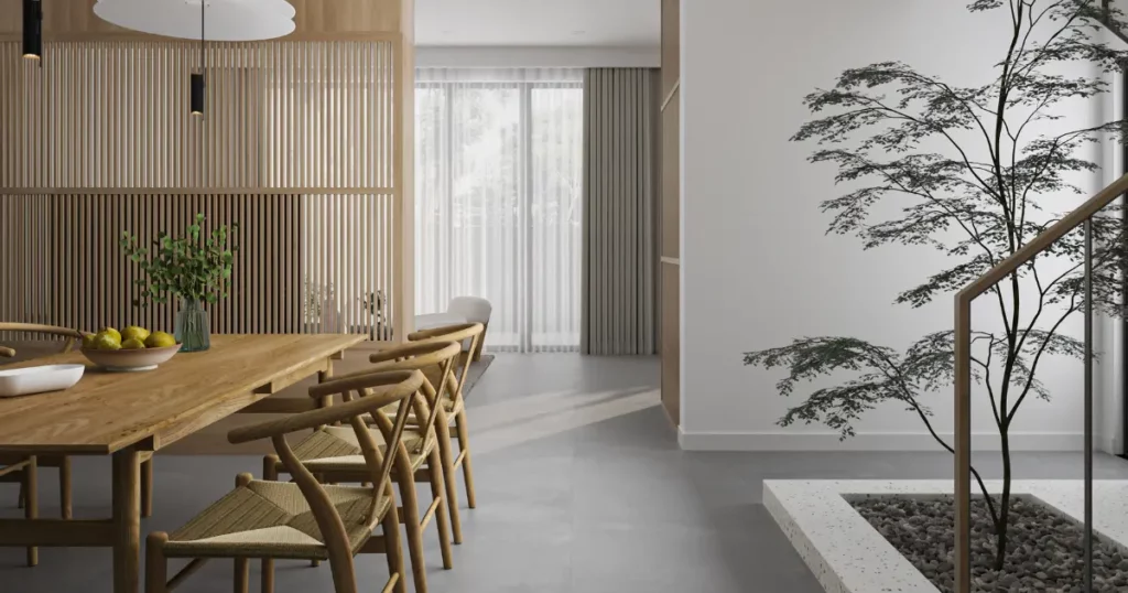 Modern dining room with wooden furniture, latticework, and minimalist interior design featuring natural elements