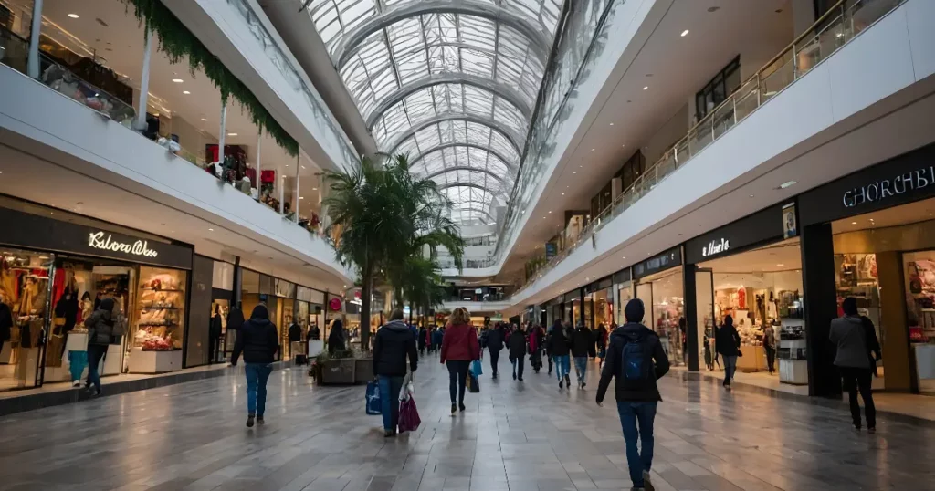 Interior of a shopping center with a covered walkway, stores, and a large glass skylight