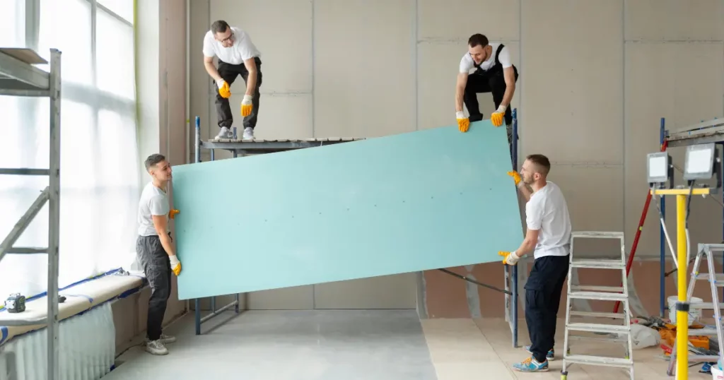 Workers installing drywall on a construction site during an interior renovation
