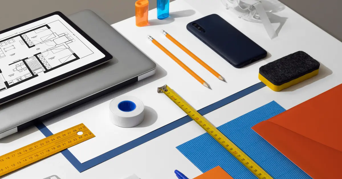 Material de trabajo de arquitectura con planos, tablet, reglas y herramientas de diseño