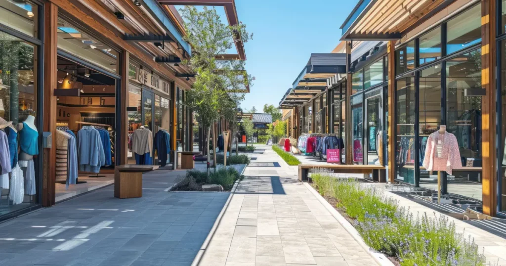 Centro comercial al aire libre con tiendas, arquitectura moderna y zonas peatonales ajardinadas