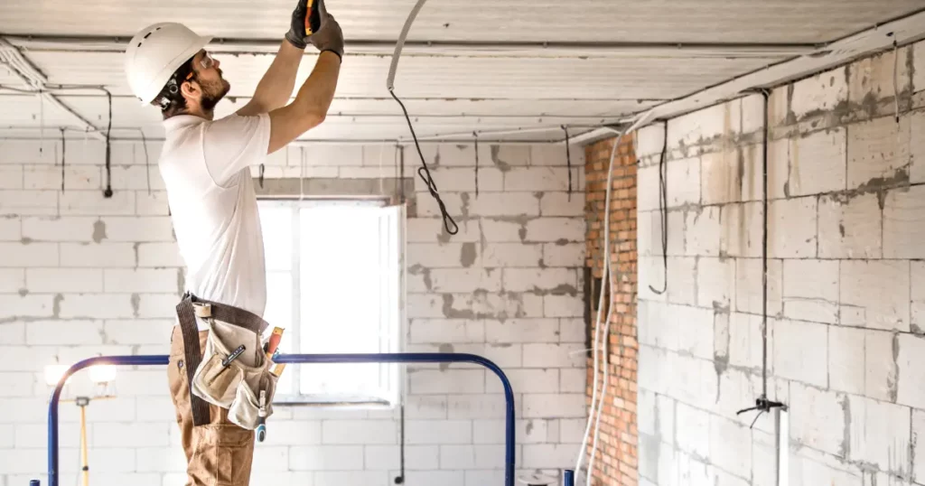 Operario realizando instalación eléctrica en obra durante reforma de vivienda