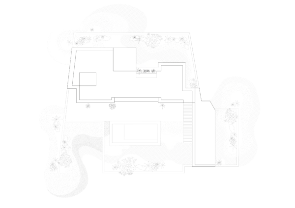 Landscape architectural plan integrating vegetation and exterior spaces around a modern house