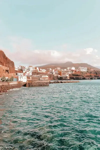 Coastal village with colorful architecture by the sea
