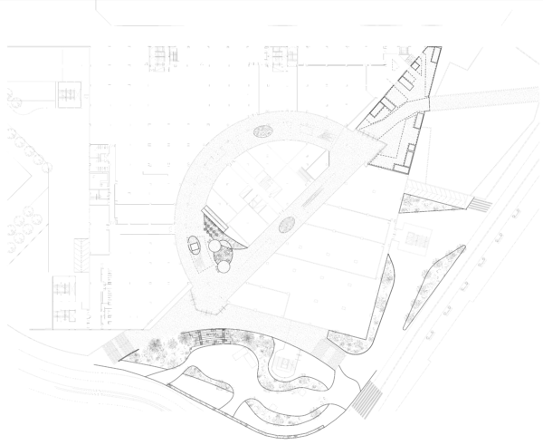 Architectural floor plan with organic layout and curved geometry.