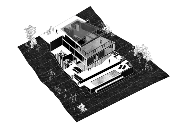 Axonometric view of a modern two-story house with outdoor pool
