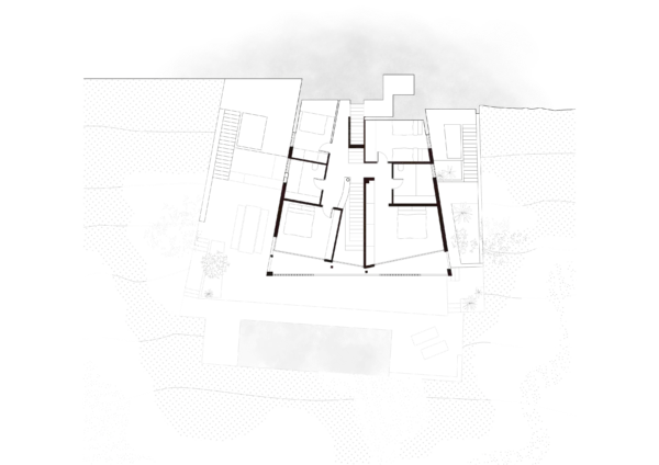 Architectural floor plan overlaid on topography