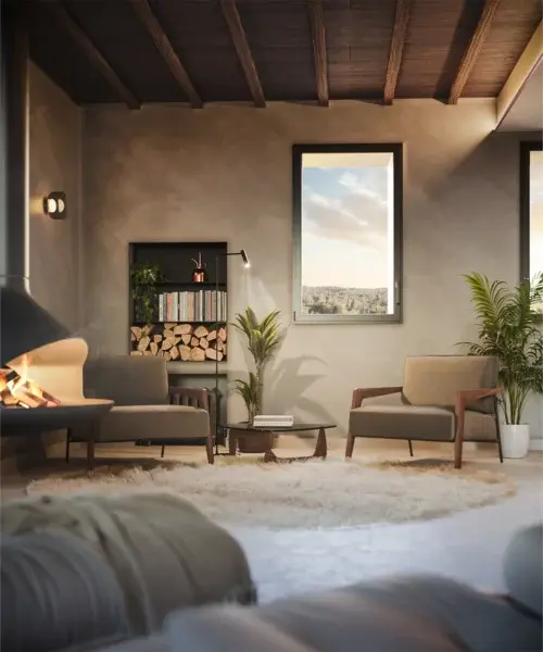 Salón moderno con chimenea, mobiliario de madera y decoración natural en estilo contemporáneo