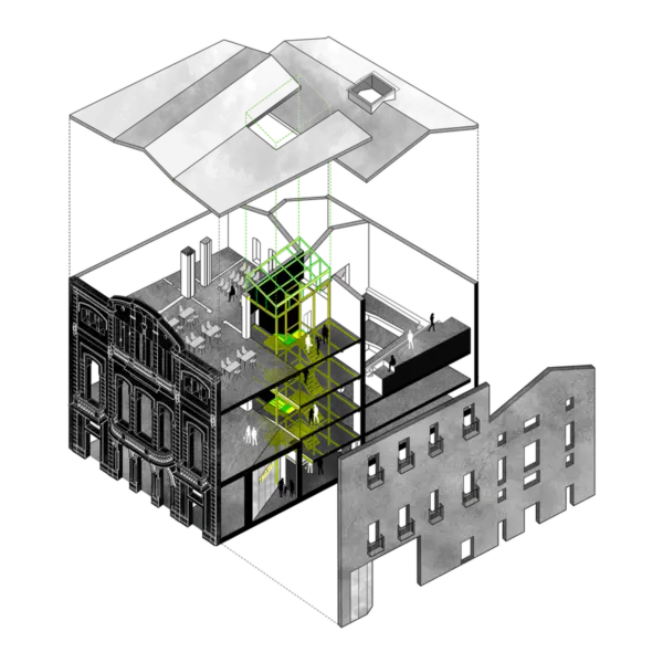 Exploded axonometric view of heritage building