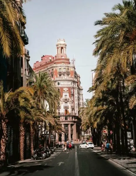 Historic building framed by palm trees in Valencia.