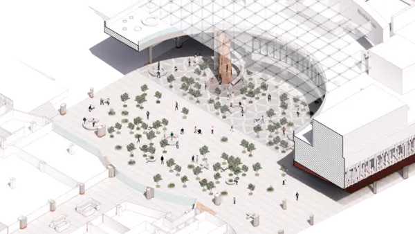Axonometric view of modern architectural plaza with curved roof.