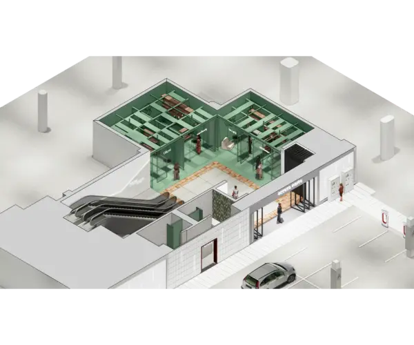 Axonometric view of interior architecture with green shelving units.