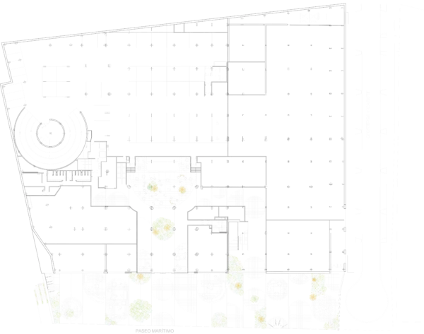 Architectural site plan with building outline and green elements