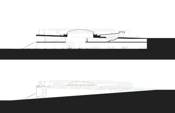 Two architectural sections with terrain variation