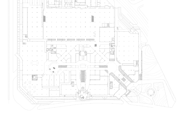 Minimal architectural ground floor plan in grayscale.