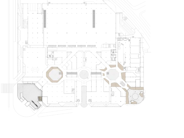 Ground floor architectural drawing with circular and open areas.