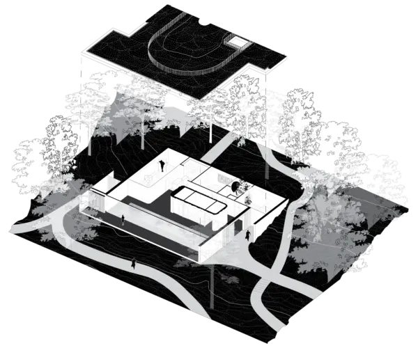 Axonometric modern house in natural surroundings