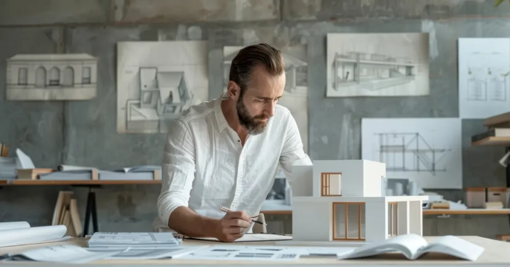 Arquitecto trabajando en maqueta y planos durante desarrollo de proyecto