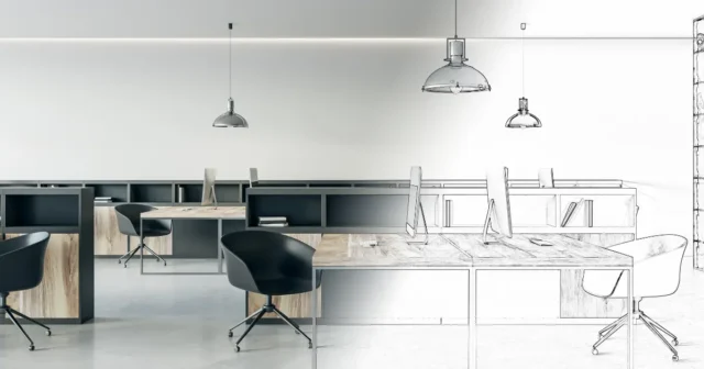 Oficina moderna representada entre diseño conceptual y espacio real con mobiliario contemporáneo