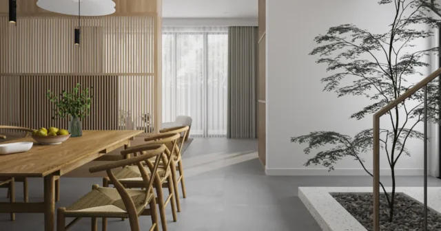Comedor moderno con mobiliario de madera, celosías y diseño interior minimalista con elementos naturales