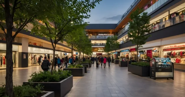 Centro comercial al aire libre con tiendas, zonas verdes y espacio peatonal moderno
